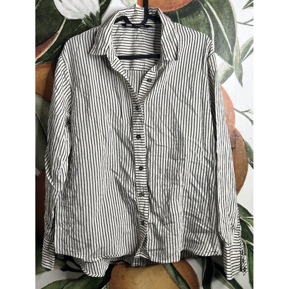 Zara Womens Medium Green Striped Button Down Shirt Long Sleeve Viscose Blend‎